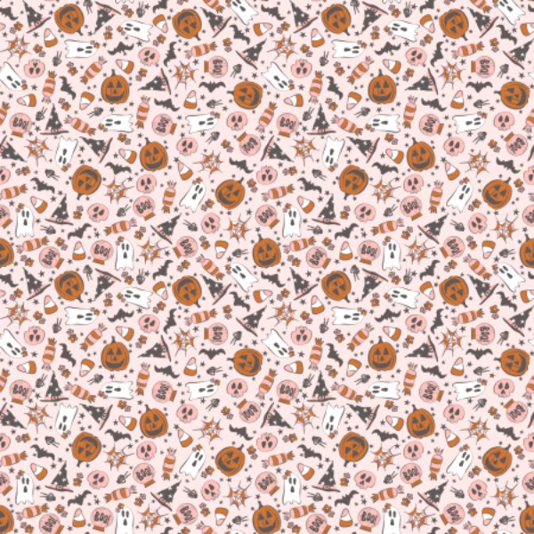 A repeating pattern acrylic sheet with a Halloween theme, featuring various Halloween icons like pumpkins, ghosts, and bats on a pink background.
