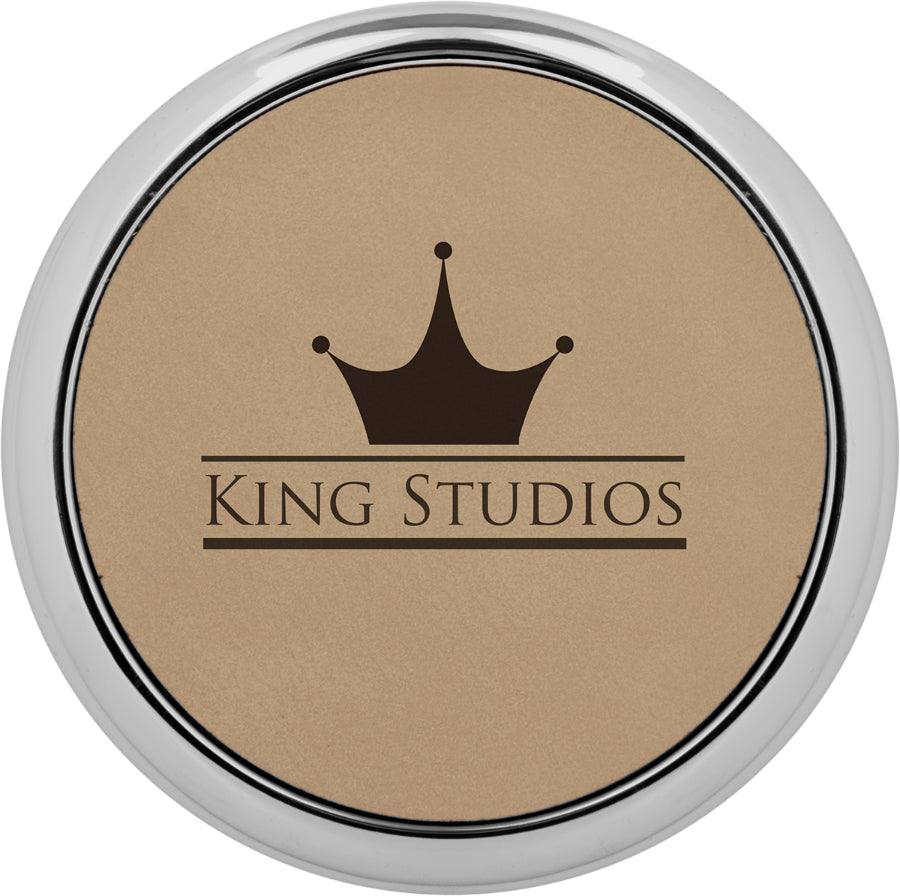 Round Light Brown Laserable Leatherette Coaster w/ Silver Edge - Closeout