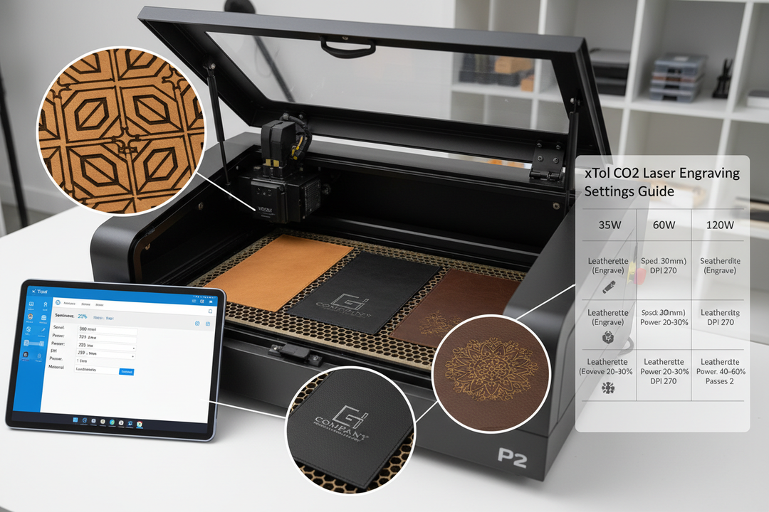 Laser engraving settings guide showing xTool laser with leatherette sheets in rawhide, black, and dark brown with settings display and engraved samples