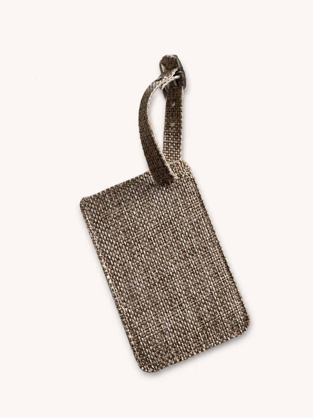 Reverse of the burlap luggage tag blank showing plain woven burlap