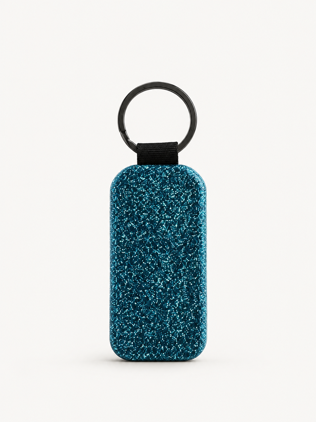 Teal glitter rounded rectangle keyring blank with black webbing tab and split ring