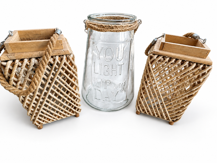 Lot 76 – Pair of Woven Rope Lanterns with Wood Frame & Handle