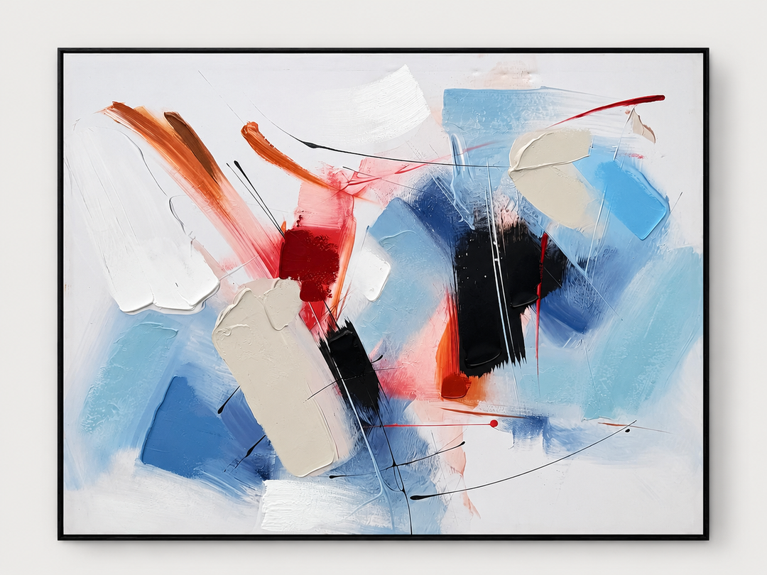Primary brushstroke abstract canvas in a black frame