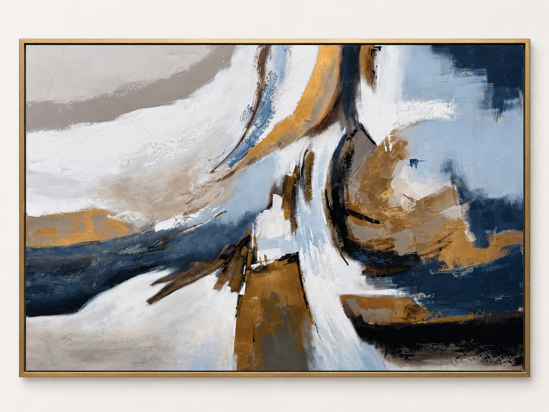 Navy and ochre sweeping abstract canvas in a gold frame