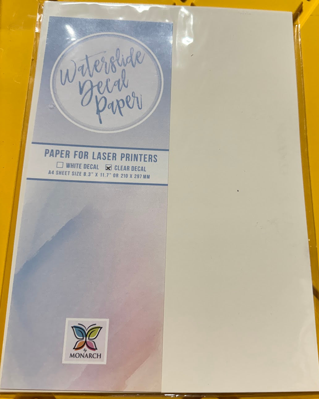 Sealed pack of Monarch clear laser waterslide decal paper in A4 size