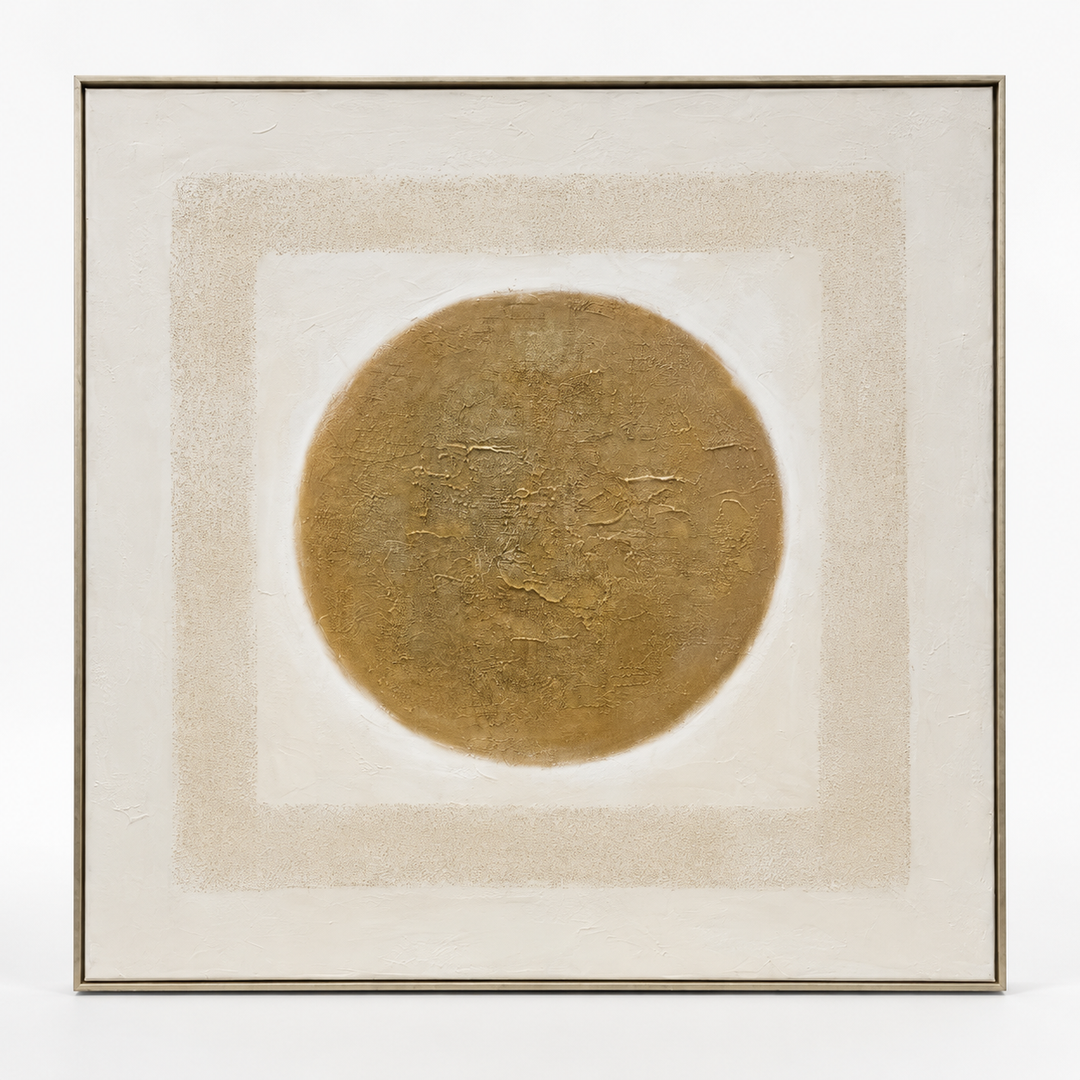 Gold leaf circle textured wall art on a neutral square canvas