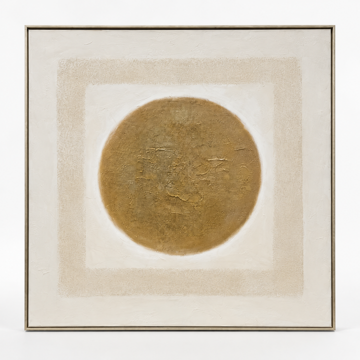 Gold leaf circle textured wall art on a neutral square canvas