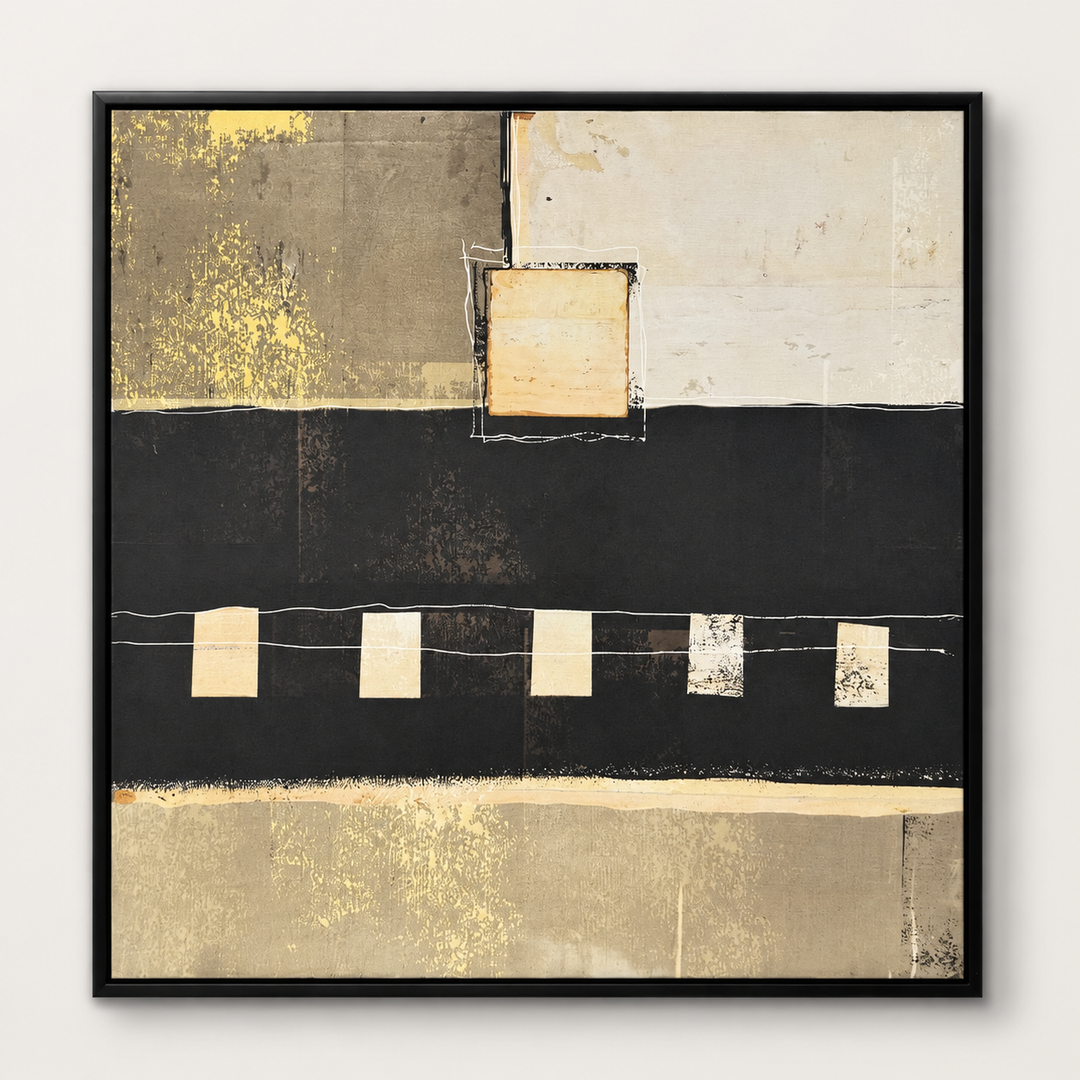 Black and gold collage abstract canvas in a black frame