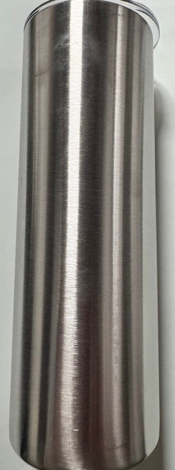 Brushed silver stainless steel skinny tumbler with lid, front view
