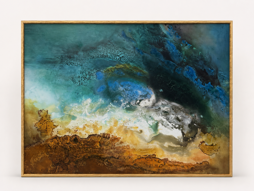 Emerald and copper geode abstract canvas in a gold frame