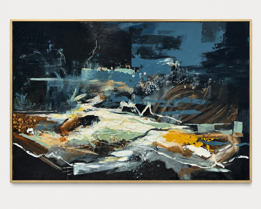 Deep teal and amber abstract canvas in a gold frame