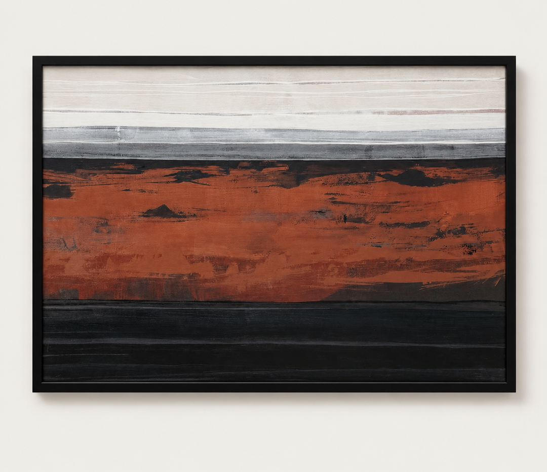 Rust and charcoal horizon abstract canvas in a black frame