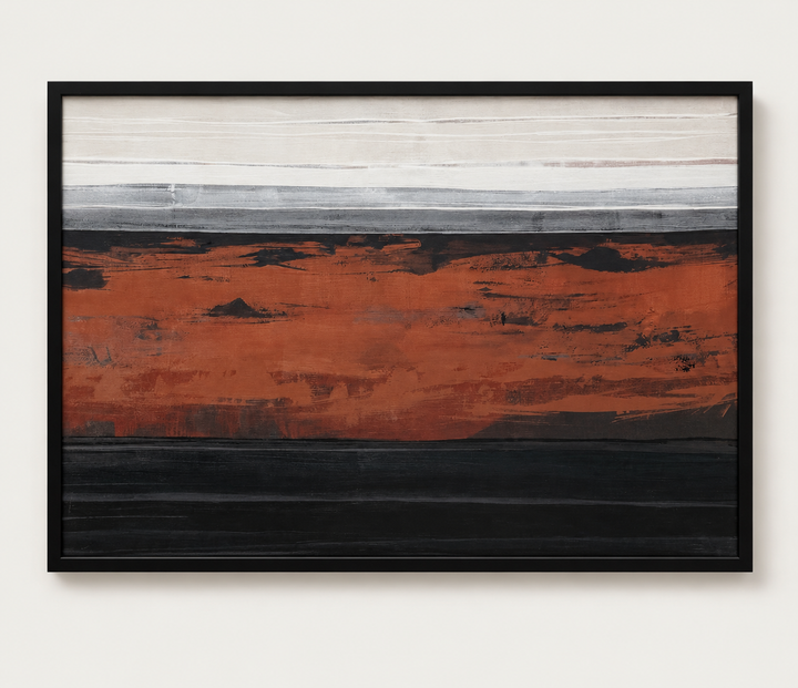 Rust and charcoal horizon abstract canvas in a black frame