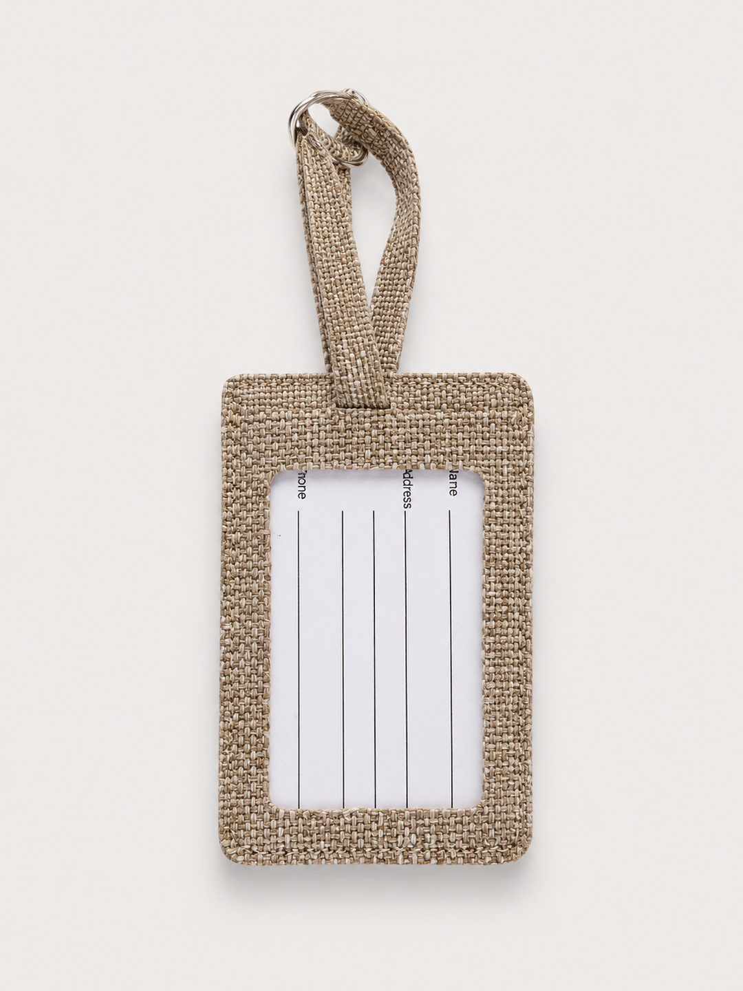 Front of a burlap luggage tag blank with a clear window over a ruled insert card