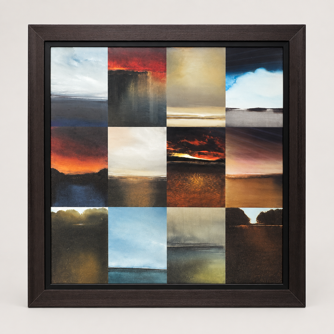 Twelve-panel sky and sea grid wall art in a dark wood frame