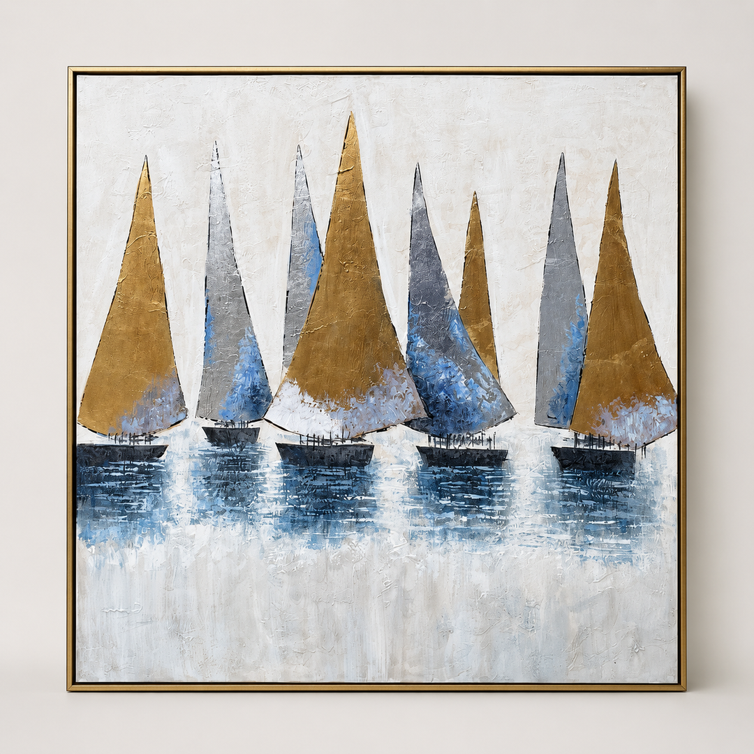 Gold and blue sailboat regatta canvas in a gold frame