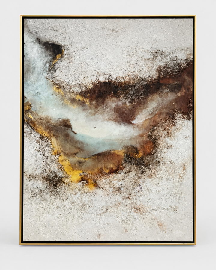 Earth-tone organic abstract canvas in a gold float frame