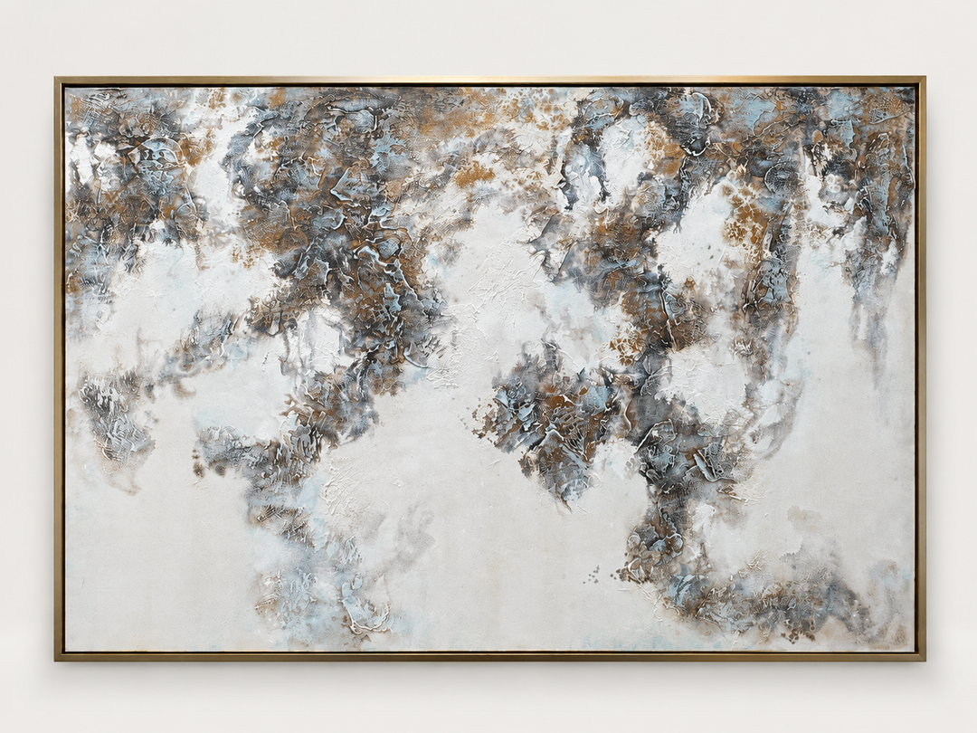 Blue and rust coral-bloom textured abstract in a gold frame