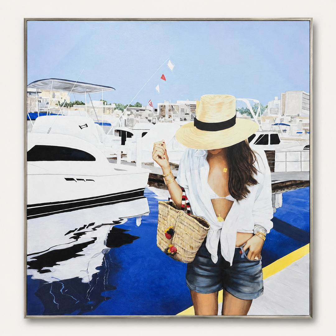 Figurative painting of a woman at a marina in a gold float frame