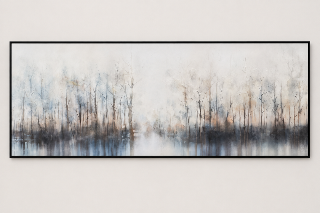 Misty treeline panoramic canvas in a black frame