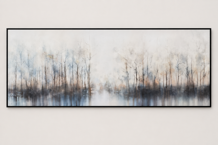 Misty treeline panoramic canvas in a black frame