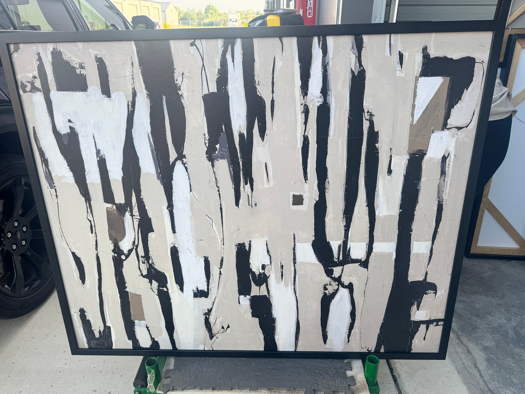 Black and taupe gestural impasto abstract canvas, full view