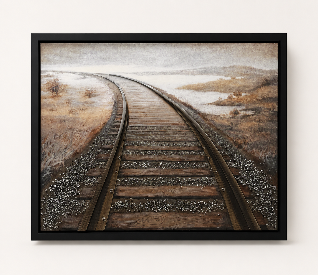 Railroad tracks framed landscape print in a black frame