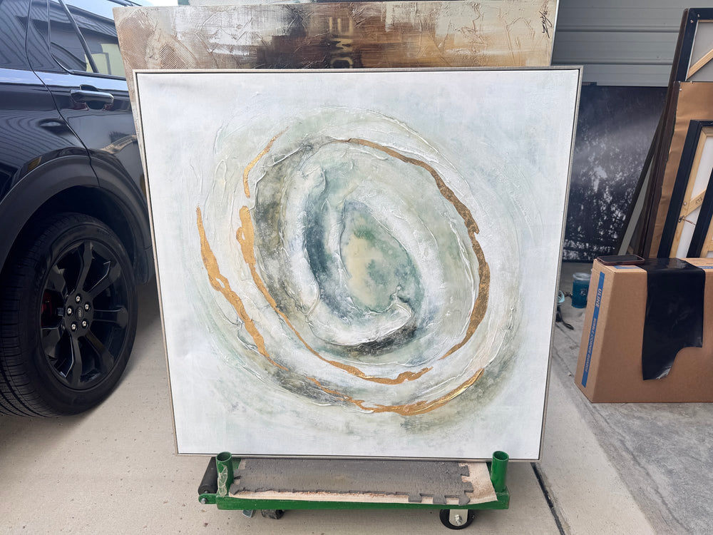 Sage and copper spiral textured abstract canvas, full view