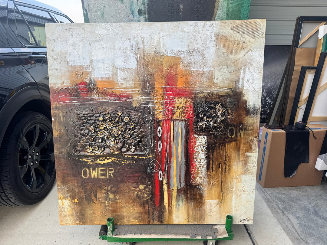 Rust and gold mixed-media collage abstract, full view