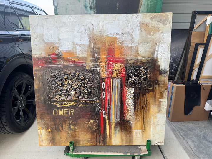 Rust and gold mixed-media collage abstract, full view