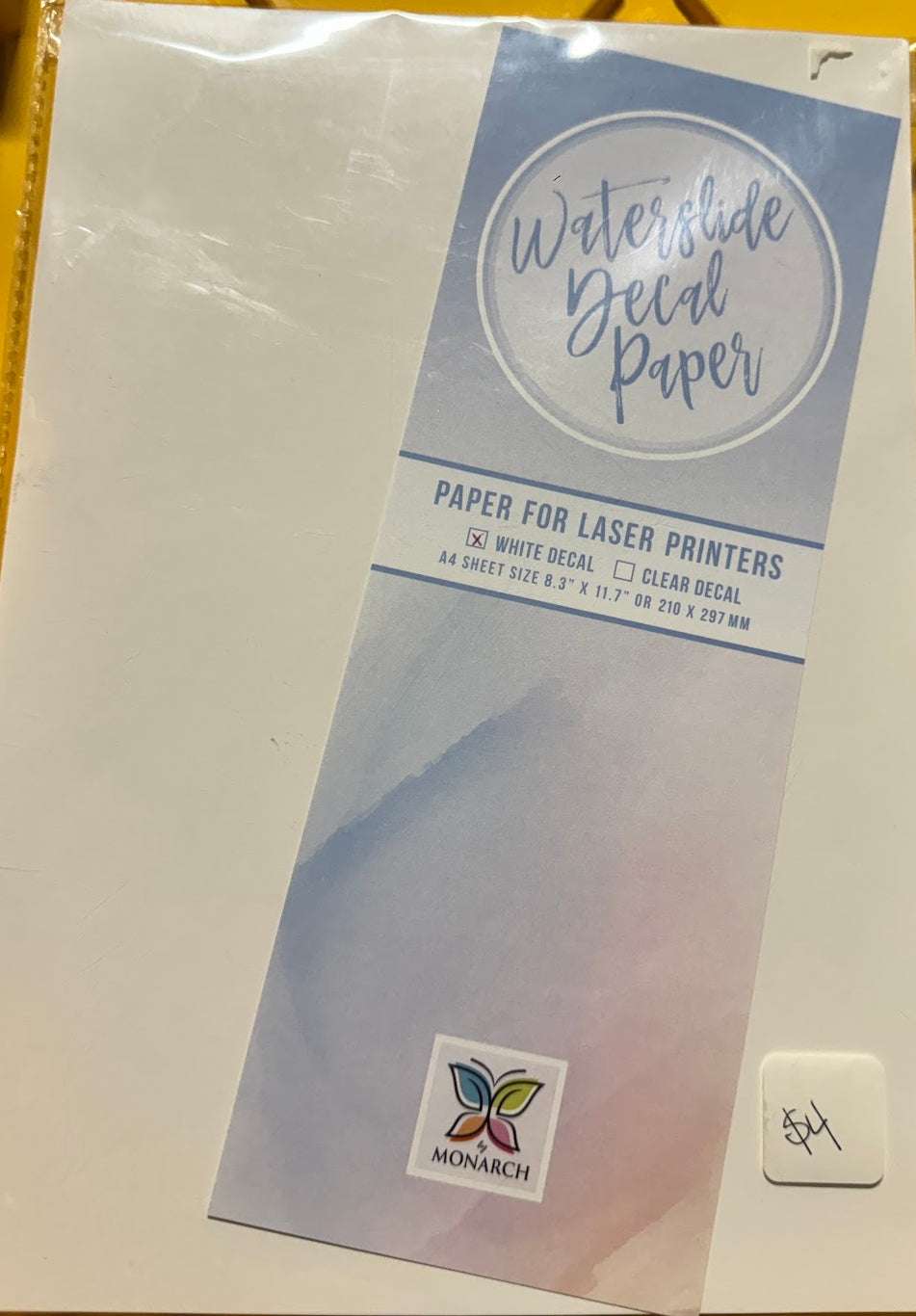 Sealed pack of Monarch white laser waterslide decal paper in A4 size