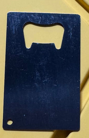 Matte navy anodised credit-card sized wallet bottle opener blank with a corner keyring hole