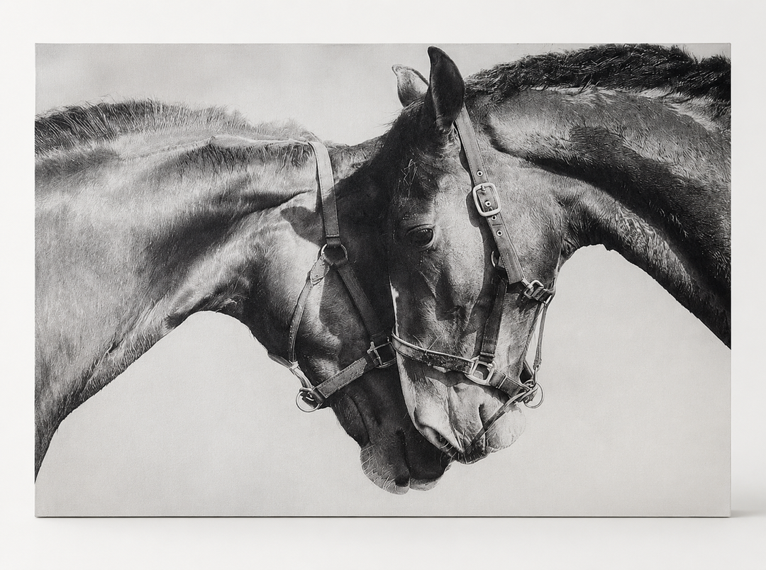 Two horses black and white canvas, gallery wrapped