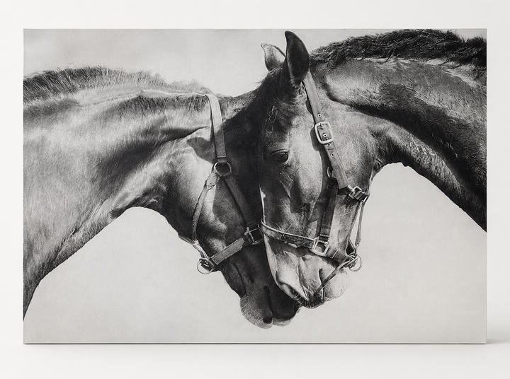 Two horses black and white canvas, gallery wrapped