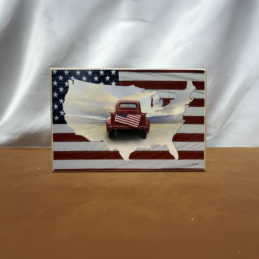 Vintage Red Truck Americana Print Shelf Sitter - square with extended background