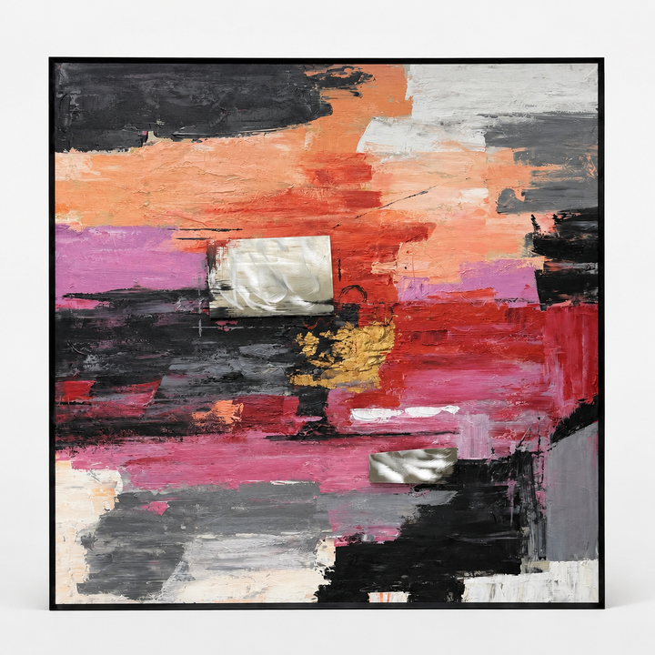 Coral and magenta bold abstract canvas in a black frame