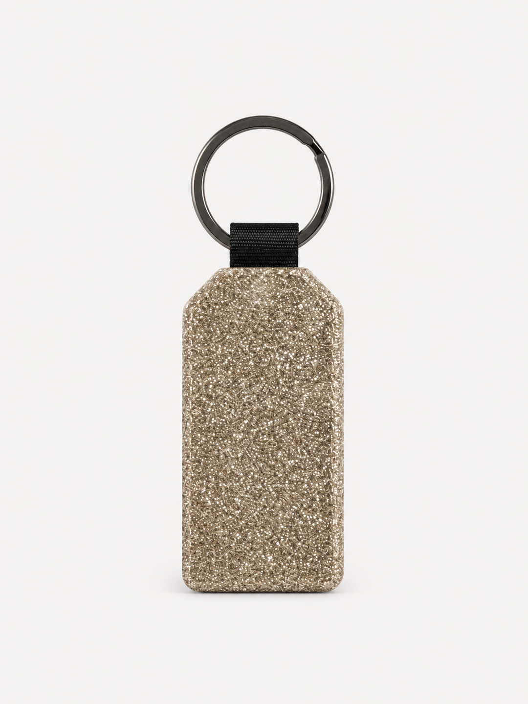Pale gold glitter rounded rectangle keyring blank with black webbing tab and split ring