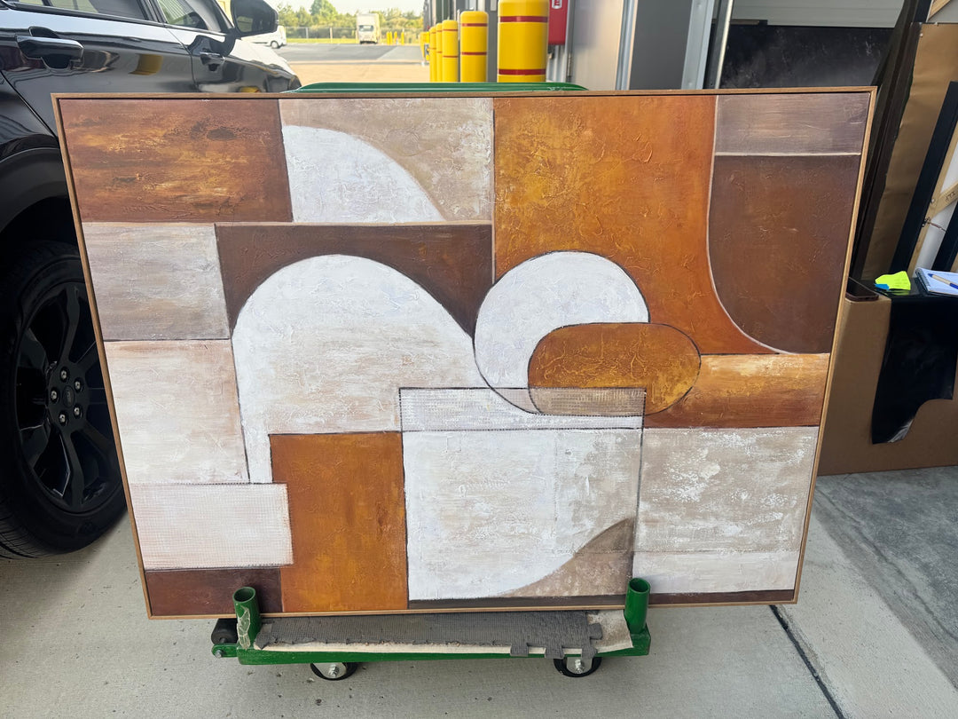 Terracotta and cream mid-century geometric canvas, full view