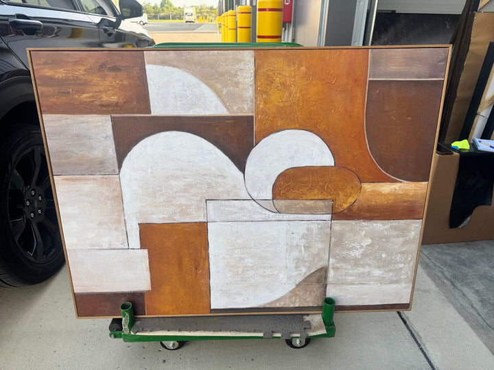 Terracotta and cream mid-century geometric canvas, full view
