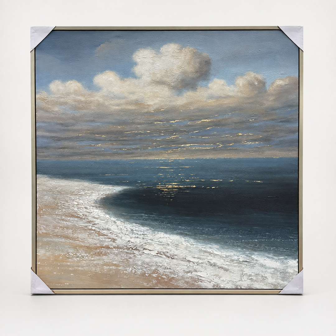 Ocean shoreline seascape oil painting in a gold frame