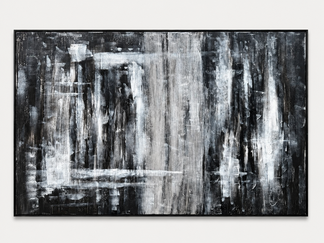 Black and white vertical drip abstract in a black frame