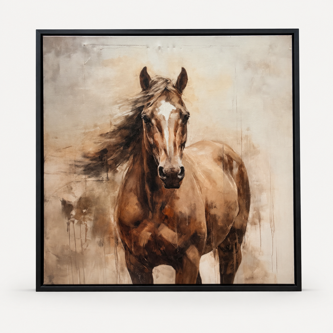 Chestnut horse portrait canvas in a black frame