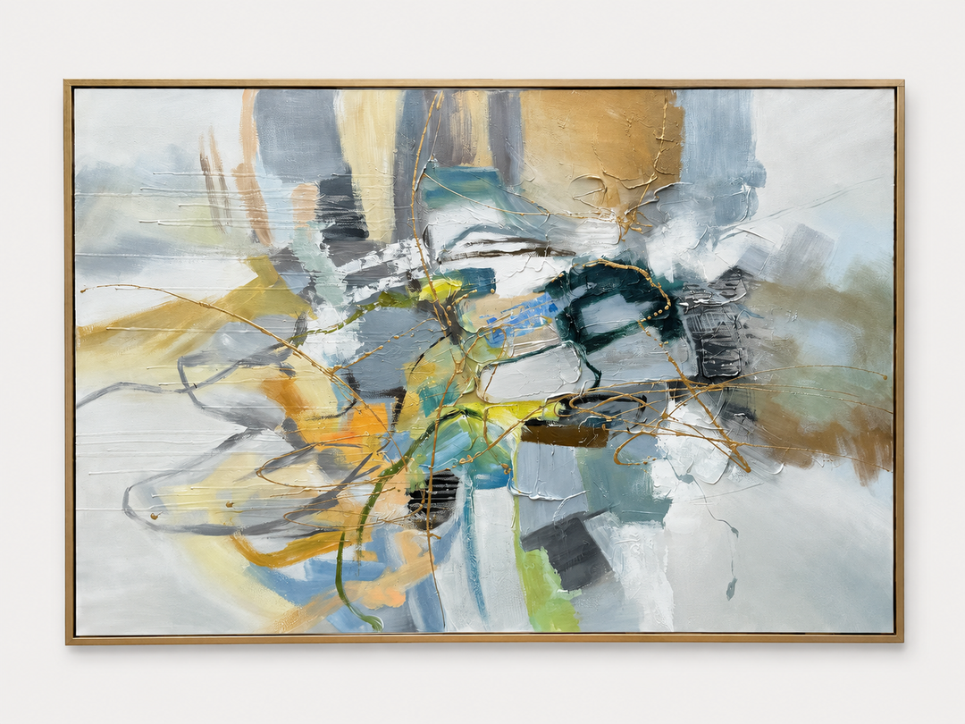 Multicolor energetic abstract canvas in a gold float frame
