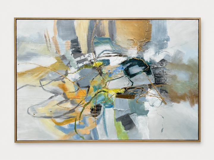 Multicolor energetic abstract canvas in a gold float frame