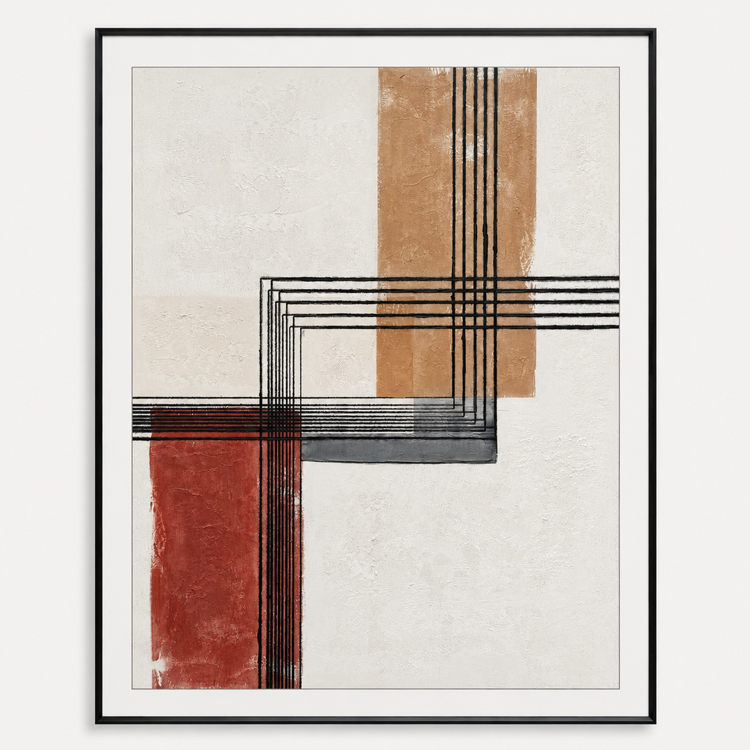 Rust and black linear geometric wall art in a black frame