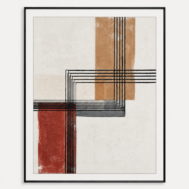 Rust and black linear geometric wall art in a black frame