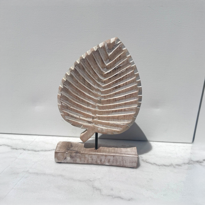 Whitewashed Carved Wood Leaf on Stand - square with extended background