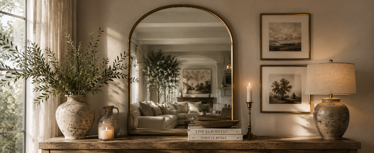 Cozy living room with tall potted tree, neutral sofa with pillows, fireplace mantel, and large framed art — 614 Collection home décor