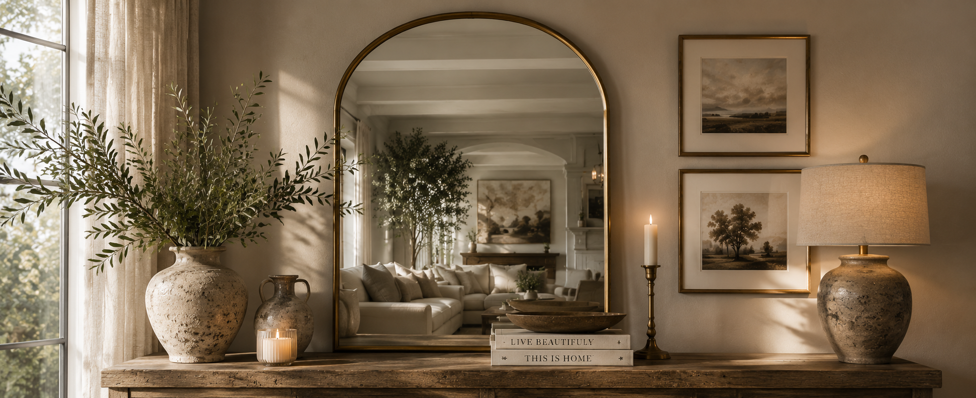 Cozy living room with tall potted tree, neutral sofa with pillows, fireplace mantel, and large framed art — 614 Collection home décor