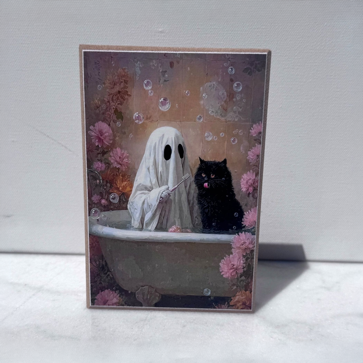 Bubble Bath Ghost and Cat Shelf Sitter - square with extended background